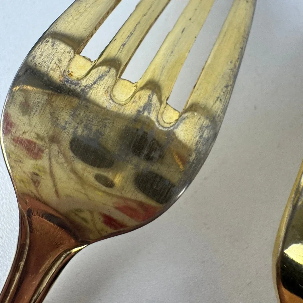 Vtg Royal Gallery Gold Tone Dinner Forks Set 6 Japan Flared Scroll Handle
